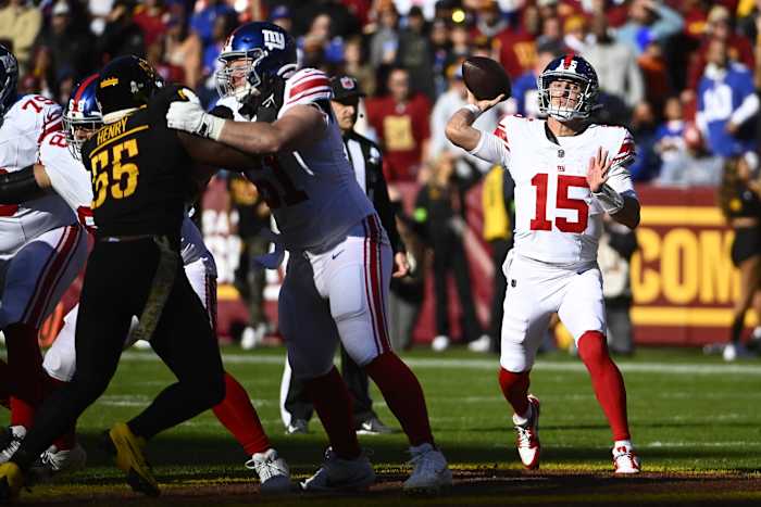 Nov 19, 2023; Landover, Maryland, USA; New York Giants quarterback Tommy DeVito (15) attempts a pass against the Washington Commanders during the first half at FedExField.